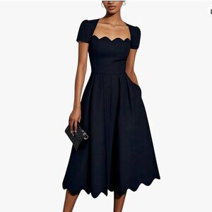 Elegant Black Square Scallop Neckline Scallop Hem Midi Dress NWT